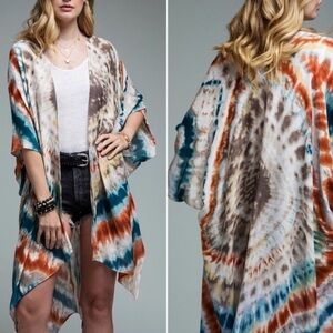 Boutique NWT Teal Multi Viscose Bohemian Tie Dye Kimono Open Front Beach Coverup
